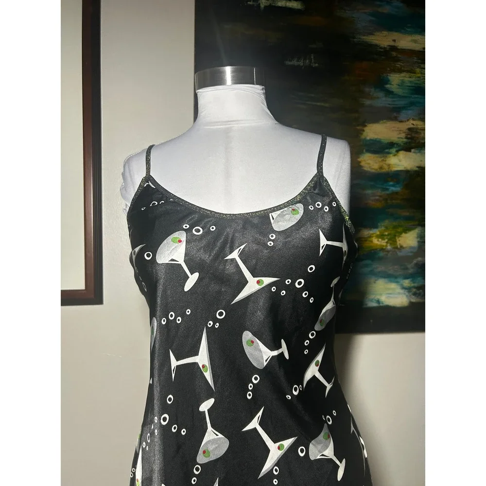 Vintage Martini Print Slip Dress Medium Black Cocktail Glass Glitter Trim